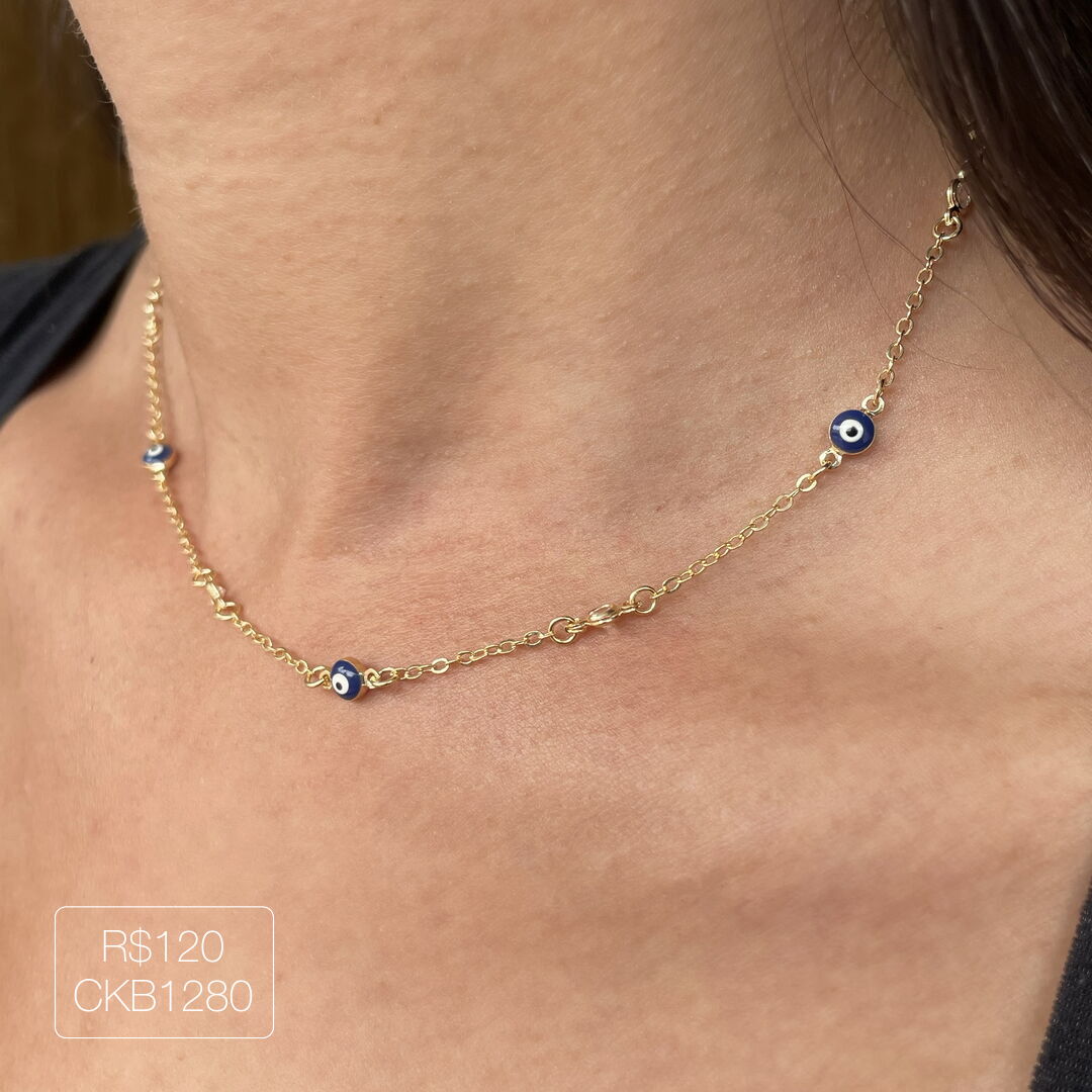 Choker Olho Grego c/ Ponto de Luz Cravejada Cristal Dourada